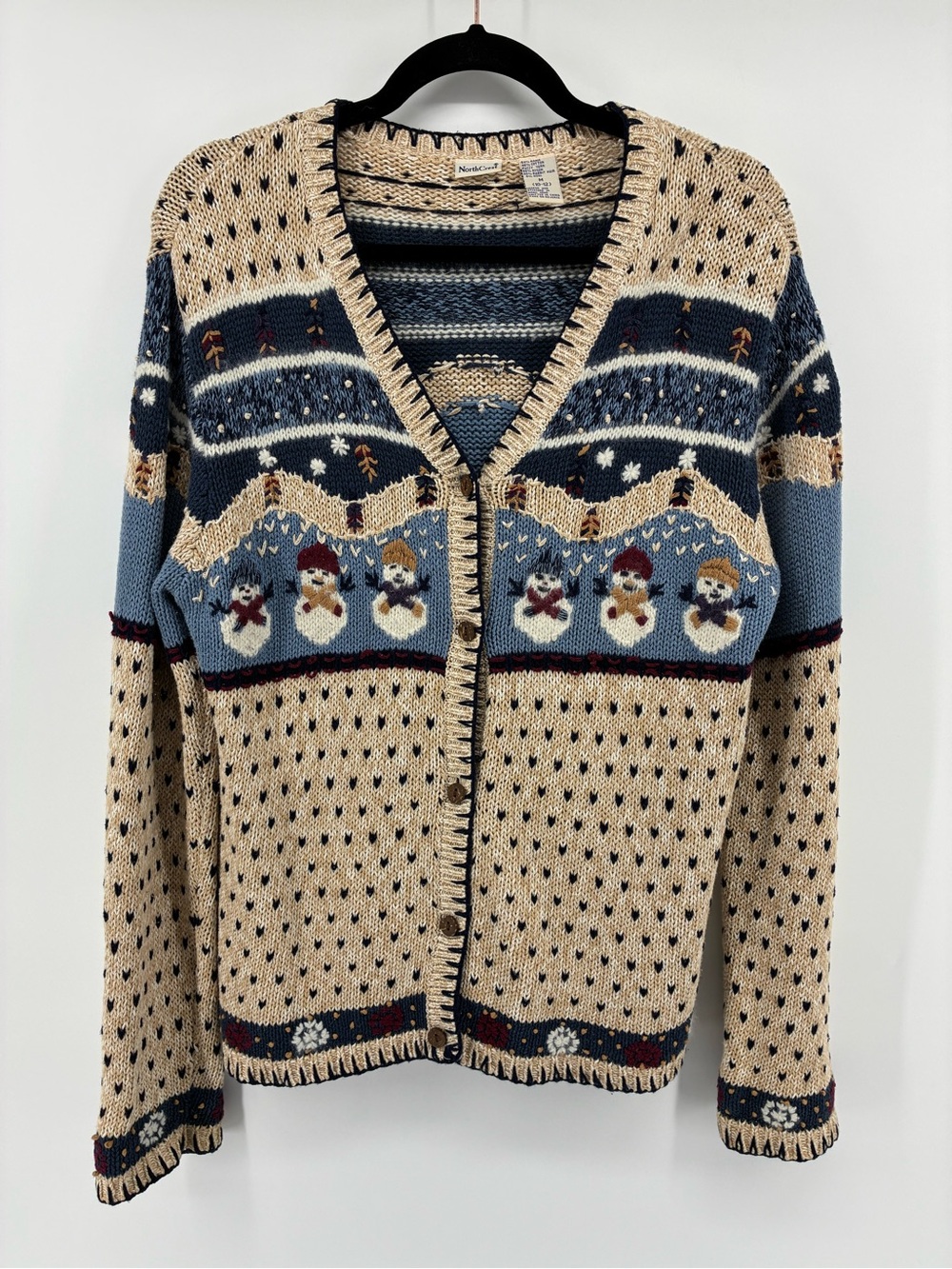 Northcrest Beige and Blue Snowman Button-Front Cardigan